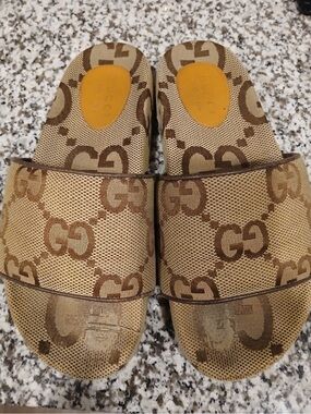 Gucci Brown & Beige GG Canvas Slide Sandals